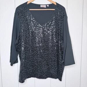 Quacker Factory Black Sequin V Neck Top 2X